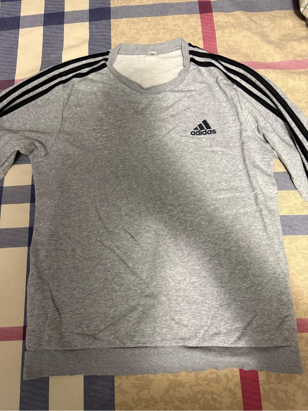 adidas Men's Light Gray Crewneck Sweatshirt with Black Three-Stripes (M)